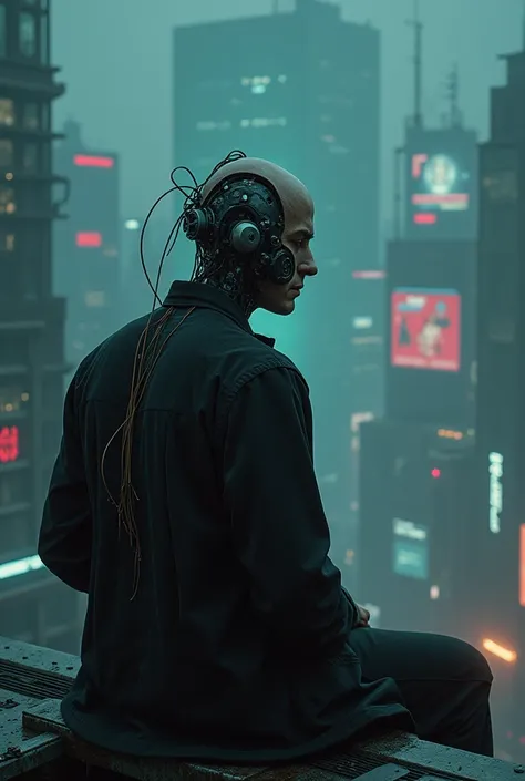 cinematic scene of a bald bionic man, that has mechanical parts in its head,who is sitting with his back turned on top of a futuristic skyscraper,cyberpunk dark,night atmosphere ,gloomy and dismal, cyberpunk style, condominium with a mechanical face attach...