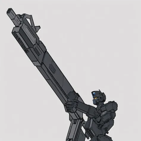 cartoon of a man holding a large gun with a white background, black mecha, anime machine gun fire, prominent keel-mounted railgun, armored core style mecha, gauss rifle, mecha inspired, dark grey decepticon mech, heavy gun, starship-troopers-rifle, railgun...