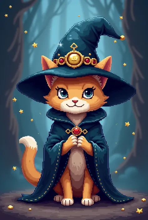 Create a wizard cat, wearing a dark blue hat with golden ornaments (em pixel art)