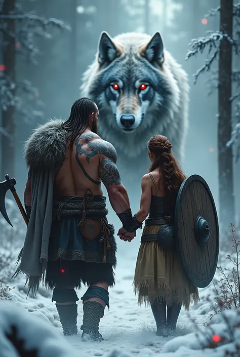 Viking couple on a snowing forest, viking tattoos, front view, wooden shields on the back, man wearing viking Armour, berserker, man shirtless, holding a big battle axe, strong man with long braid, woman wearing viking Armour, woman has brown hair with bra...