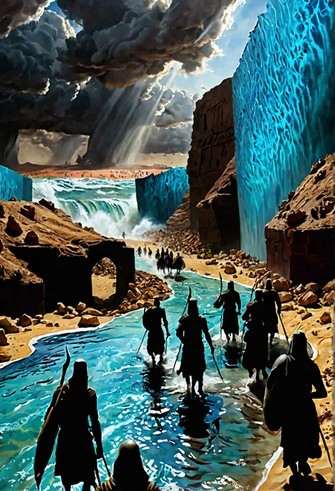 hyper-realistic scene of the Israelites walking through the parted Red Sea. Towering, transparent walls of water rise on both sides, with water visibly moving on the surface, swirling upwards. The Israelites, including families with children, people carryi...