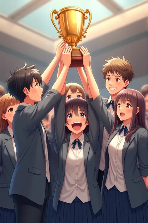 image of students wearing grey and white uniforms while lifting the trophy 