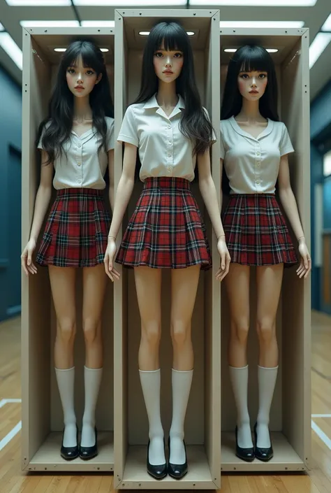 Life-size middle-aged female mannequins with long hair and beautiful face, in sexy school clothes (plaid , long socks, heels, socks, glasses, blouses) at school, They are standing in their cargo pods in a gym., They have a panel on their open abdomen where...