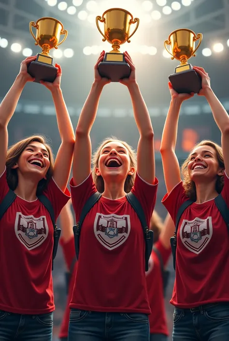 image of students wearing alma maters while lifting trophies 