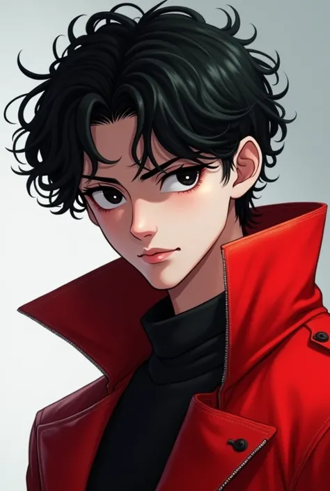 Make a picture of a male with black curly hair and black eyes wearing a red anime style coat