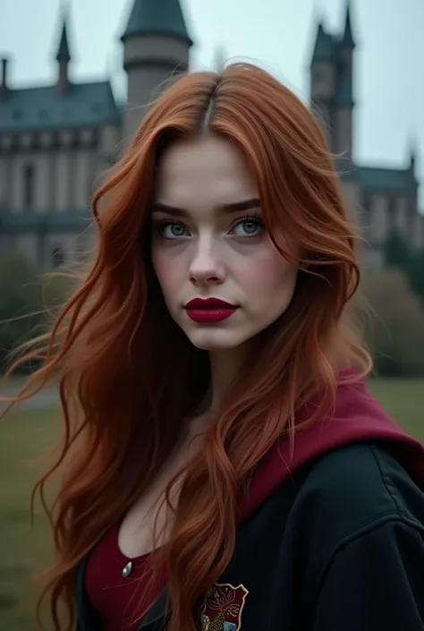 Hogwarts Gyffindor student, Spanish female, long wavy reddish-black hair, sharp gray eyes, fair skin, natural red plump lips, she looks sexy.