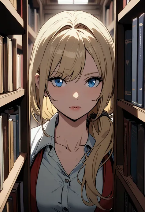 A beautiful woman with blonde hair and blue eyes in a library.