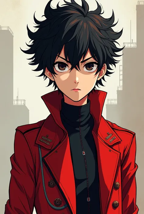 Make a picture of a male with black curly hair and black eyes in a red anime style coat