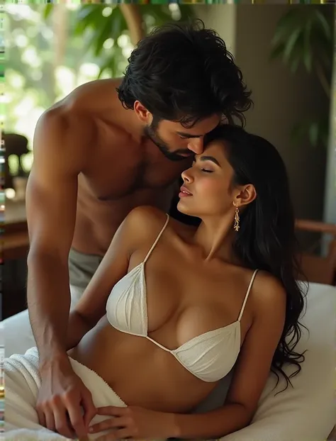 top angle close up image, very Beautiful Indian indian woman and handsome Indian man having romance, in massage parlor, soft natural lighting, woman wearing very deep neck deep neck front open strapless fully wet white very thin top, man is massaging her f...