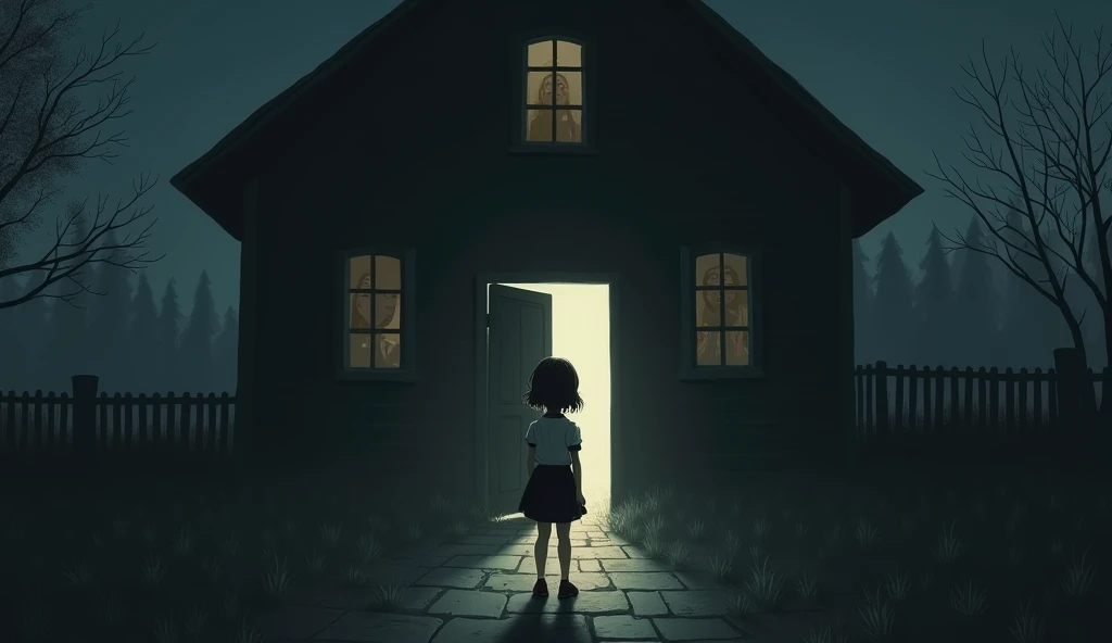 
Jenny, a young girl, is standing in front of her dark house dressed in 1960s attire. The door is slightly open, and a faint light is coming out from inside. There is worry and confusion on her face, and she slowly opens the door.