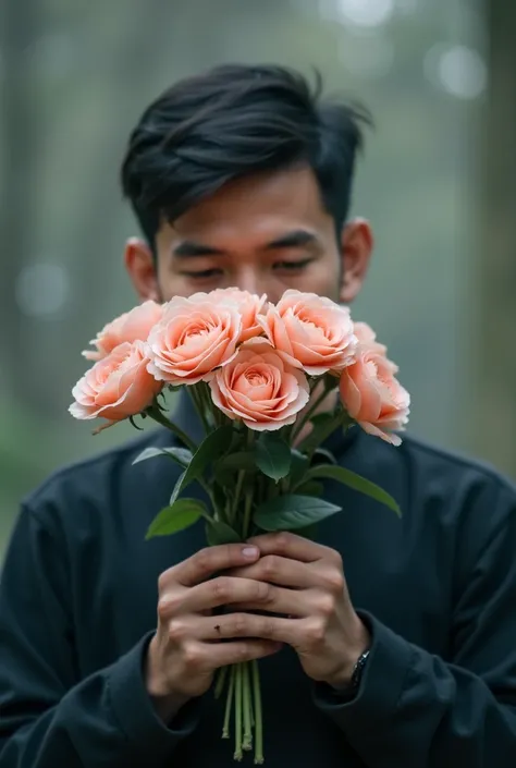 A man hold the a bouquet on his hand and cover his face from flower. Blury