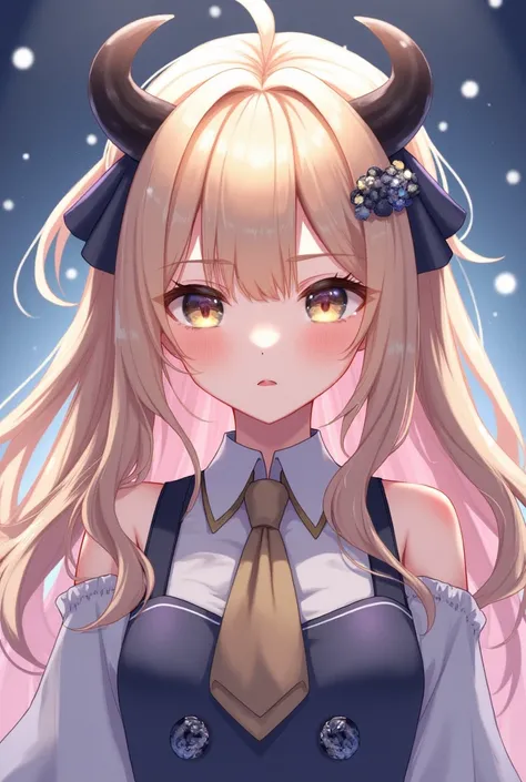 The character has long hair, with a front fringe. The hair color is a light blonde shade on the bangs with the ends in a darker shade but the hair is light brown.. She also wears hair accessories shaped like small black horns..
