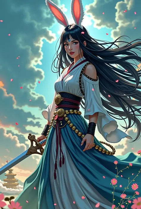 A brave woman with long black hair,White rabbit ears,Warrior,Forehead protector,Equip a sword,Dragon Quest Wind