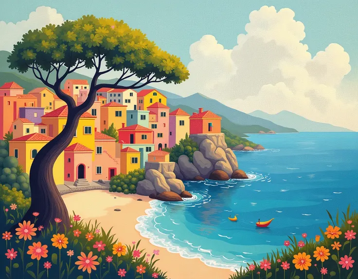 Create a whimsical and light pale painting that blends elements of Impressionism, Surrealism and Post-Impressionism. Depict a colorful seaside village built on cliffs, with simple geometric forms representing houses in soft hues of yellow, orange, red, and...