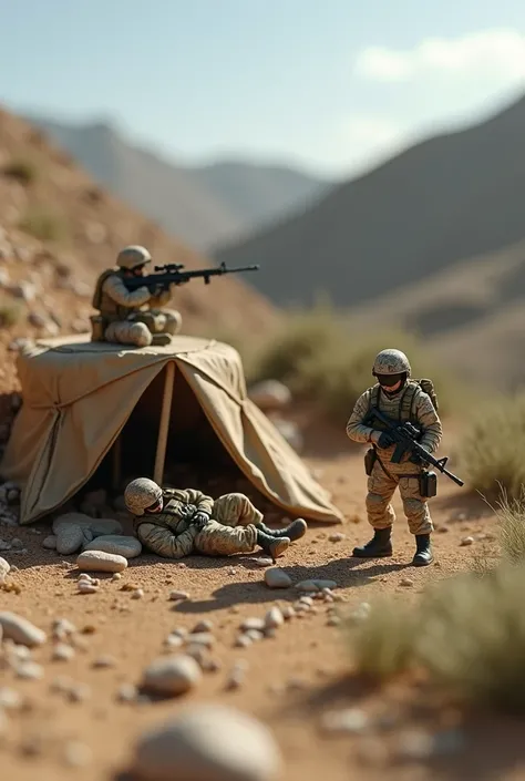 Photorealism 1.3 realism high quality epic realism 4 of little tiny modern army toys guard in fort sandbag with machine gun M24 digital desert camouflage uniform tent brown one of them sleep in the hills  sniper with ghillie suit