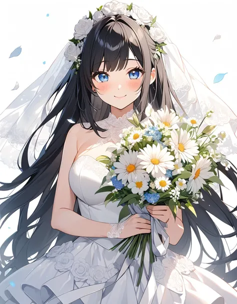 a young woman with black hair standing next to a bunch of flowers, 1girl, flower, solo, blue eyes, smile, bouquet, looking at viewer, black hair, long hair, white background, colorful flower, blush, simple background, holding, upper body, head shot, bangs,...