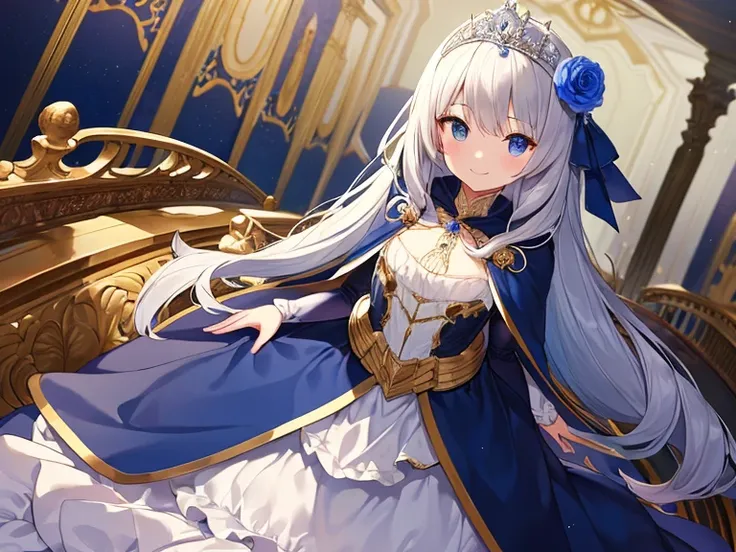 looking at viewer, masterpiece, best quality, rococo style,(long train blue cape:1.2),(long train white ball gown with flower decorations:1.1), a girl is wearing a cape over her dress, 1 little princess, tiara, kind smile, very long hair, small breasts