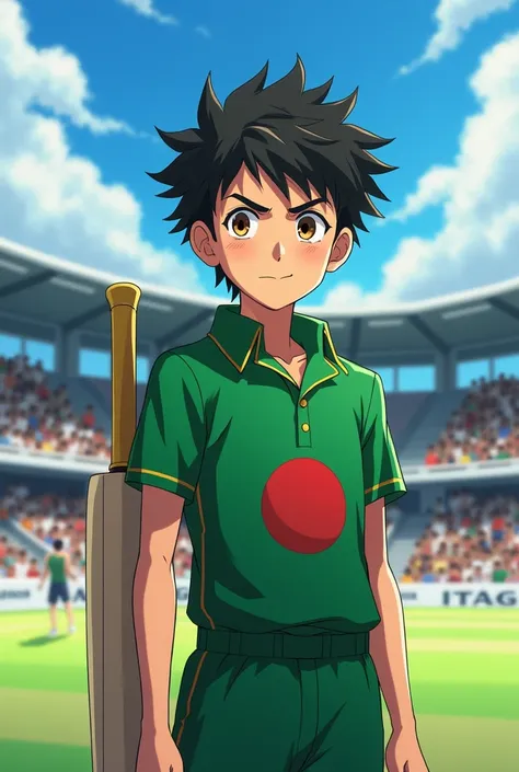 An anime boy character who is a sportsman. He likes to play cricket. His hair color is black. Hes eye color is brownie. Hes face shape is like a square. He is wearing a green color sport dress where there is a red circle near his chest and ready to play an...