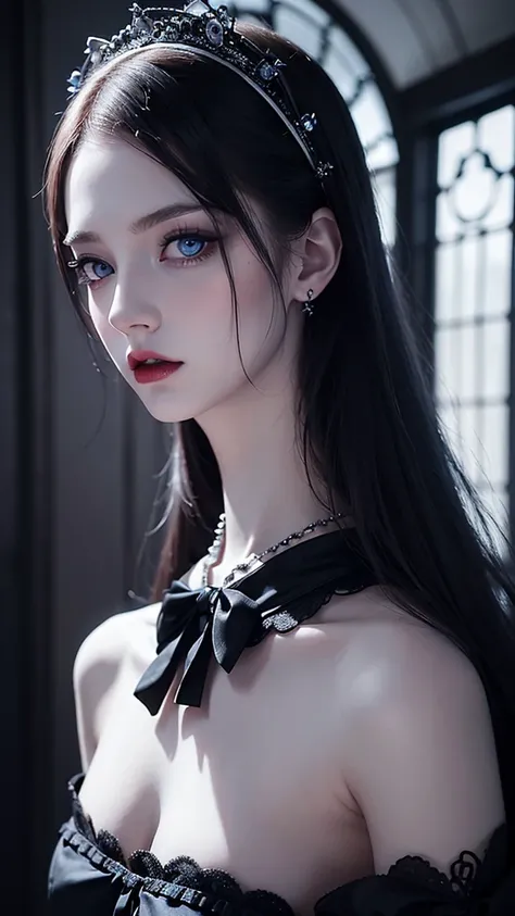 beautiful young woman in a gothic lolita dress, intricate gothic makeup, piercing blue eyes, red lips, pale porcelain skin, mesmerizing enigmatic expression, dramatic chiaroscuro lighting, moody dark fantasy atmosphere, richly detailed ethereal beauty, ele...