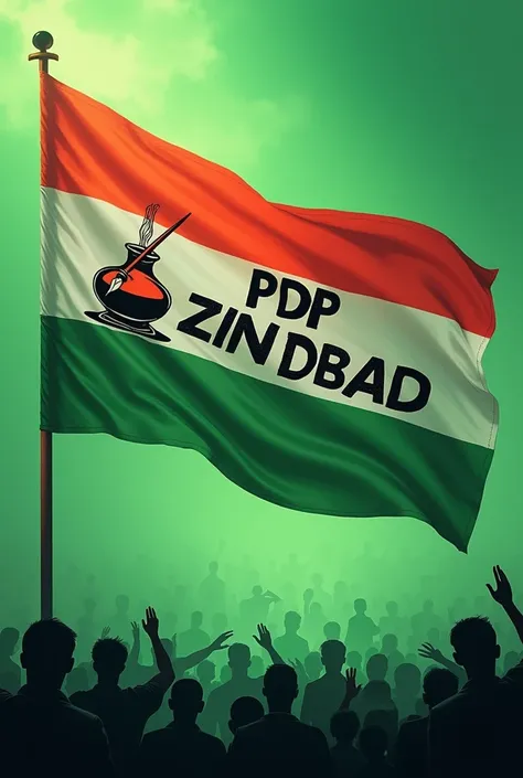 PDP ZINDABAD on a flag with pen and inkpot symbol green colour flag  with many people saluteing it