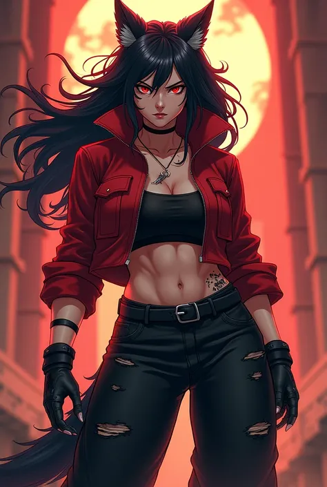 strong and robust body woman, red eyes and black hair, wolf ears and tail. She have a angry scary serious look. Her clothes are hip hop style wide black pants, a riped red jacket, gloves that goes up to the fore arm. She have a lot of small scars in the bo...