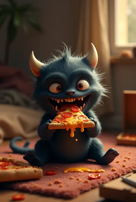 Small black monster eating pizza