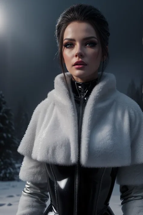 A realistic latex model standing in a snowy landscape, (best quality,4k,8k,highres,masterpiece:1.2),ultra-detailed,(realistic,photorealistic,photo-realistic:1.37),detailed latex outfit,beautiful detailed eyes,beautiful detailed lips,extremely detailed face...