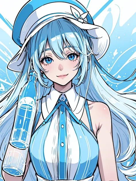 masterpiece、hatsune miku、light blue hair、long hair、blue ribbon、((white hat))、white and blue dress、sparkling eyes、smile、(((holdin...