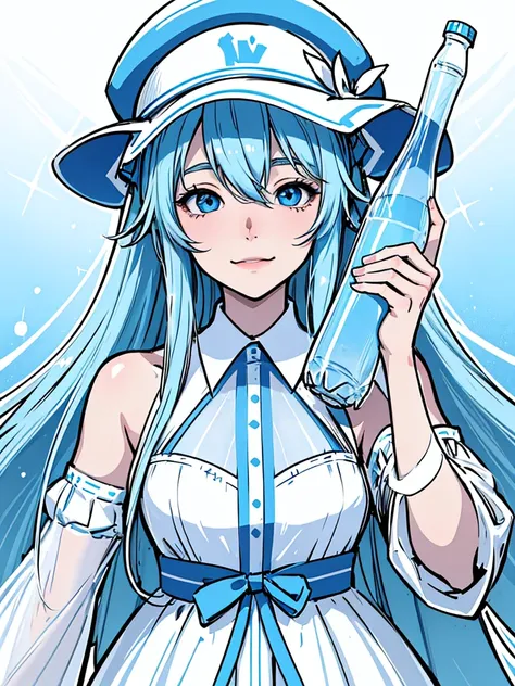 masterpiece、hatsune miku、light blue hair、long hair、blue ribbon、((white hat))、white and blue dress、sparkling eyes、smile、(((holdin...