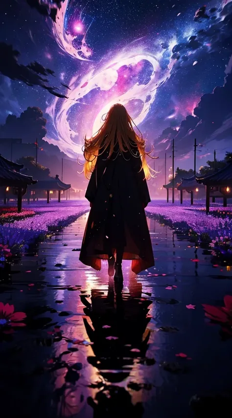 １people々々,Blonde long-haired woman，Long coat， Dress Silhouette， Rear View，universe ，typhoon，rain，Flower Field，Colorful flowers