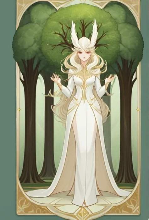 Full length portrait of 1 , you are a tree,white fur, White suits, standing, (((only))), clear facial features, Simple line design, ((tarot card background, symmetric beauty)), perfectly symmetrical, The art of symmetry, Drawings of standing characters, ((...