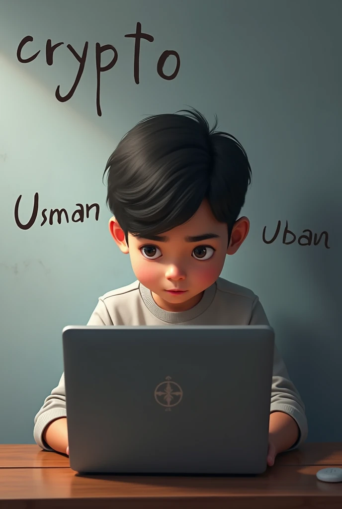 A boy use laptop, on the background wall write crypto with Usman 