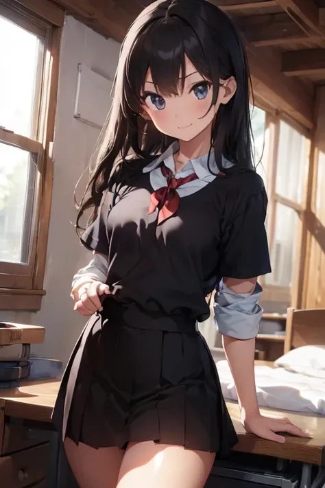 (muscle:1.4), ((Highest quality)), ((masterpiece)), (detailed: 1.4), (Thin thighs:1.6), beautiful girl, Anatomical, Award-winning concept art, beautiful, The finer details, 1 girl, alone, Full body paint, skirt, shirt,Long Black Hair, school uniform, Stari...