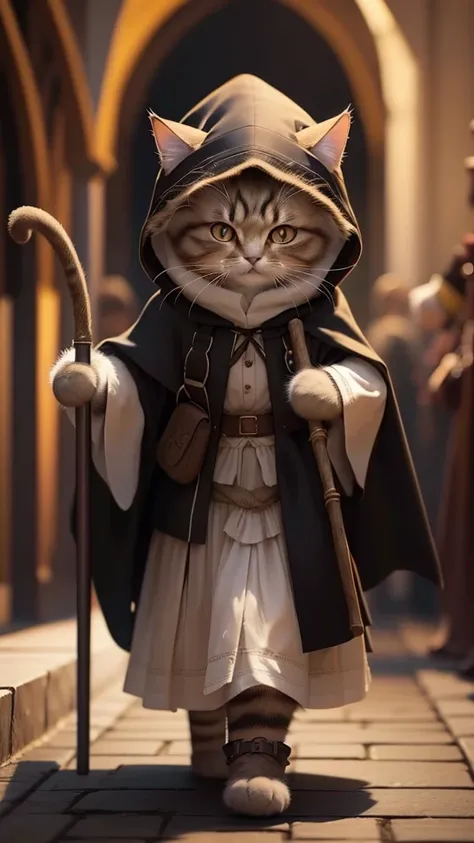 Fluffy brown cat, Very detailed cat and fur, Dressed as a wizard with a black hood and skirt:1.4、Carrying a walking stick, The background is inside the castle、Highly detailed images, Atmospheric light, 50mm lens, (Cat Eyes and Feature Details) Realistic Ca...