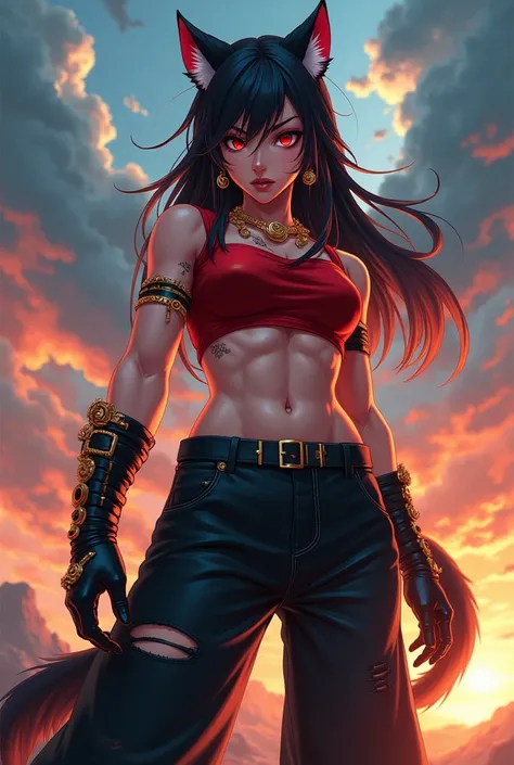 strong and robust body woman, red eyes and black hair, wolf ears and tail. She have a angry scary serious look. Her clothes are hip hop style wide black pants, a riped red jacket sleeveless, gloves that goes up to the fore arm, she have gold ornaments only...