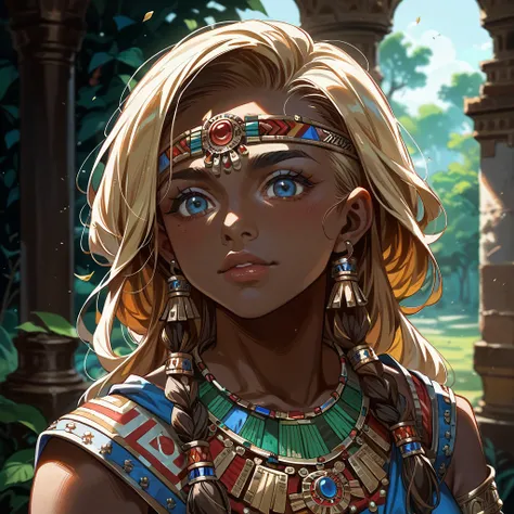 ((Highest quality)), ((masterpiece)), (detailed), （Perfect Face）、The woman is Bianca, an African tribeswoman, with blonde hair, dark skin, an African hairstyle, and is dressed in tribal clothing and gorgeous tribal accessories, and is wearing an engagement...