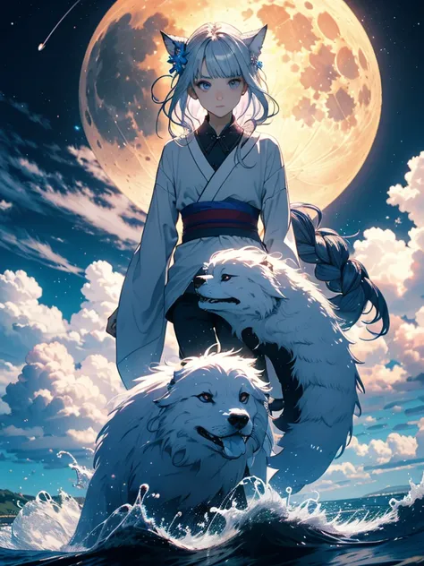 Blauer Mund. Silberner Schmuck. Göttlich. Geweih auf dem Kopf. Kimono. Big Wolf. day lights. More anime. light blue light. Bright bright light. magical. Moon. Sitting on a big white wolf. Lightening flowers. More anime. male. Blue flowers. Long hair. long ...