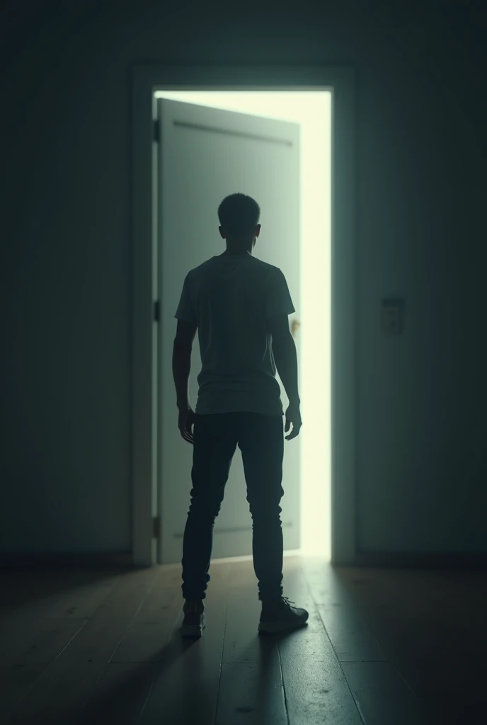 The same person still standing but now looking worried or stressed as the shadow behind the door begins to fade away, symbolizing the opportunity slipping away.