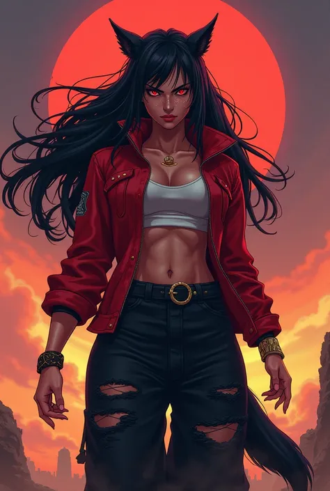 strong and robust body woman, red eyes and black hair, wolf ears and tail. She have a angry scary serious look. Her clothes are hip hop style wide black pants, a riped red jacket sleeveless, gloves that goes up to the fore arm, she have gold ornaments only...