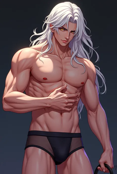 he caresses the penis with his hand, A handsome Kunzite / Malachite man with long white hair,A handsome Kunzite / Malachite man with long white hair, European appearance stands , beautiful man, beautiful skin,beautiful body,,The man has a whip in his hands...