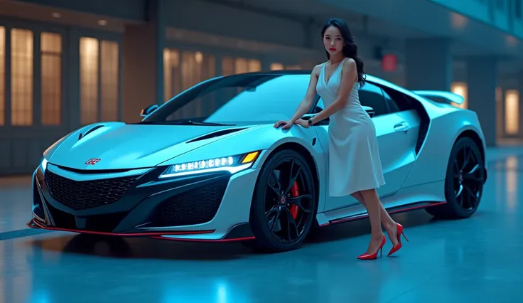 1girl, Japanese, glamorous, fair-skinned, red lipgloss, mid White silk dress, high heels, confident, leaning on yellow “Honda Type R”, blue-neon glowing headlights, immaculate black wheels, red brake calipers, 
(best quality,4k,8k,highres,masterpiece:1.2),...