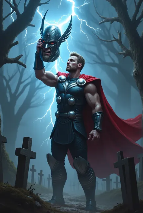 Thor in graveyard holding dr dooms head with full of lightning 