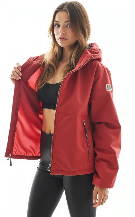 Young Woman in a red jacket and black pants posing for a picture, red jacket, sports clothing, cool red jacket, hooded, jacket over bare torso, wearing red jacket, red sport clothing, sports jacket, jacket, sport clothing, velvia, by Salomon van Abbé, wear...