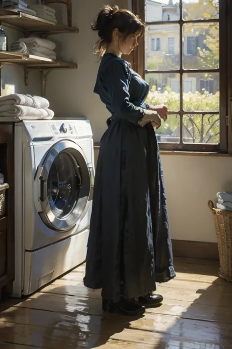 A woman flipping laundry over in a bad mood in front of the washing machine,Renoir,Impressionism