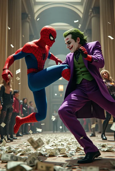 Spiderman jumping and kicking side kick joker at bank while a lot money fall at land and super woman and people watching them 