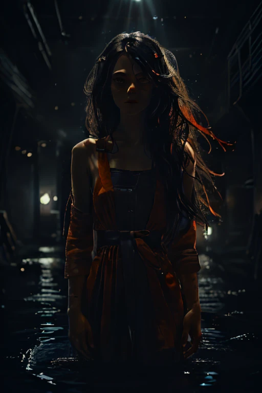 1 girl, long hair, 43stl1ght1ng, low light, dramatic lighting, darkness, neon, eye lighting, Waterline, smoke, russet hair, black backdrop, standing in chest-deep water, red orange tonal lighting,
