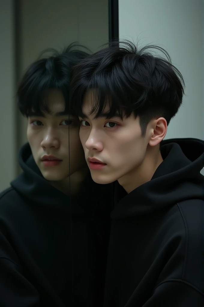 Create a mirror selfie of a  boy, wearing black hoodie, his hair style is undercut black, and his face similar to Hyunjin Stray Kids.