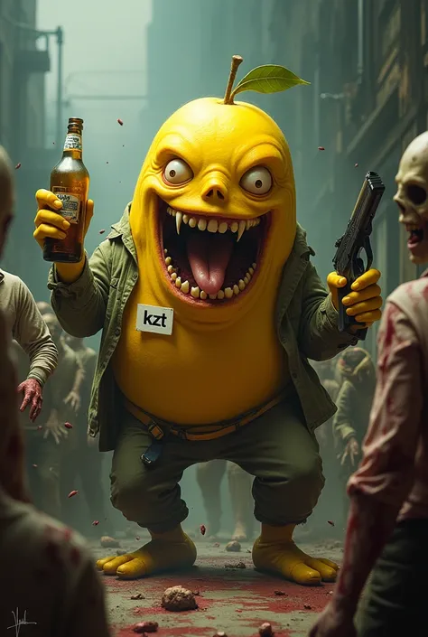 Crazy mango with a KZT name tag, holding a vodka bottle and a gun, laughing like a crazy mango and fighting off zombies.