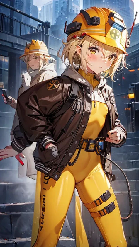 nickel liter,３people,blonde,very short hair,yellow eyes,blush,helmet,jacket,(yellow zentai),belt,((low length)),((flat chest)),(...