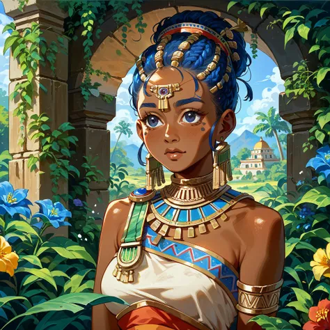 ((highest quality)), ((masterpiece)), (detailed), （perfect face）、the woman is flora, an african tribeswoman, with blue hair, dar...